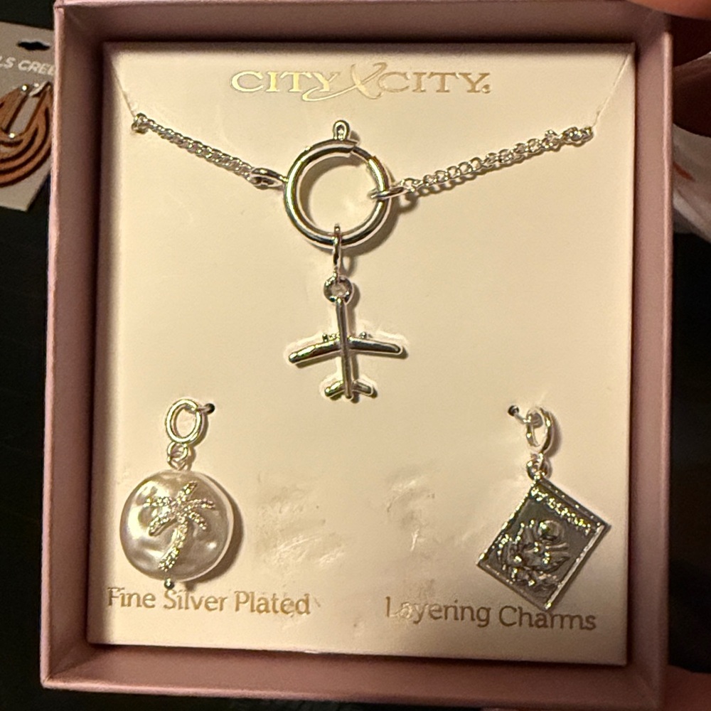 Silver Plated Travel Airplane palm tree, passport, charm necklace  NIB